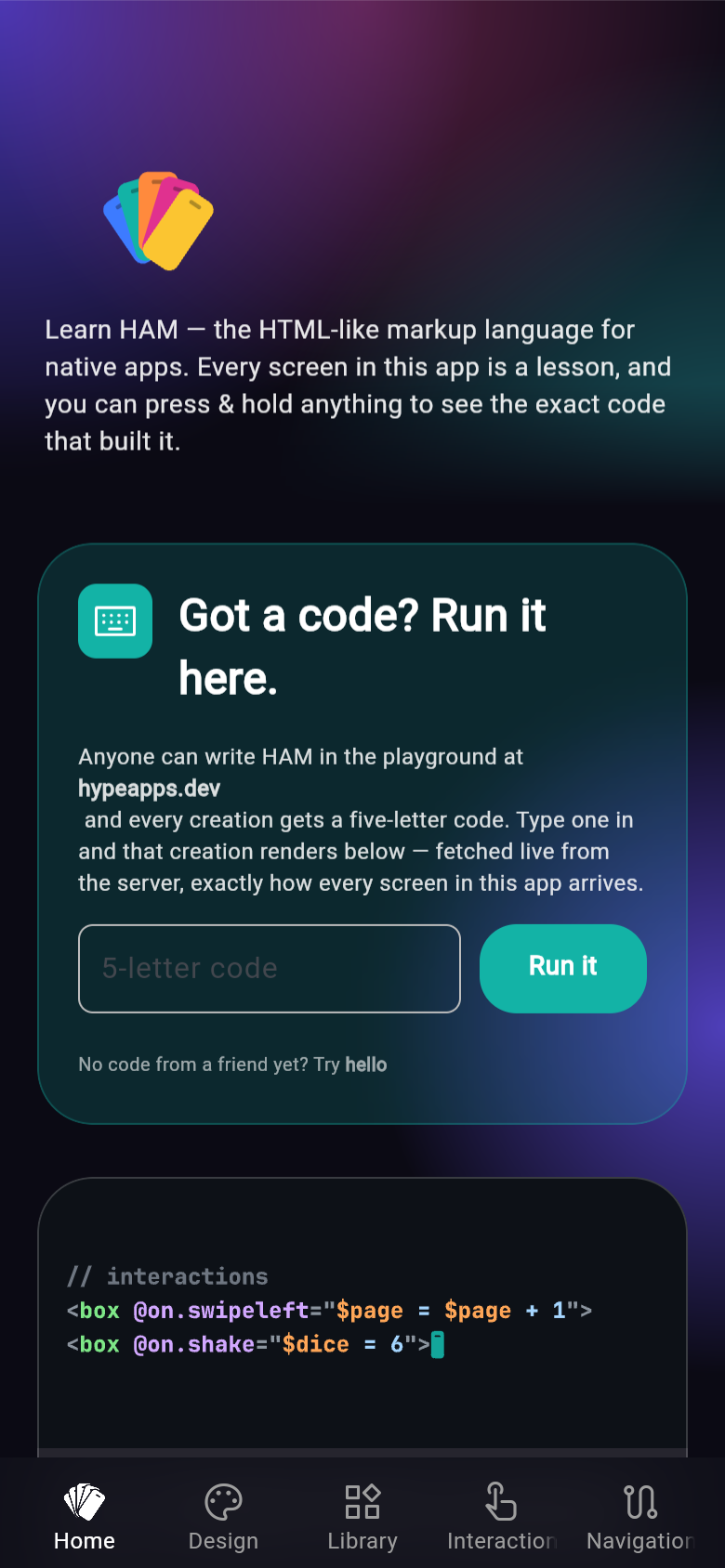 The Hype Apps home screen: a 'Got a code? Run it here.' box with a code input and Run it button